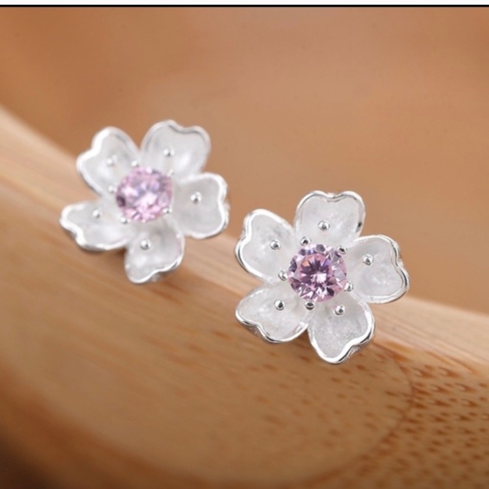 Purple Rhinestone Cherry Blossom Earring Studs